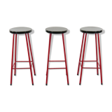 Midcentury set of 3 bar stools in red and black, 1960s-1970s