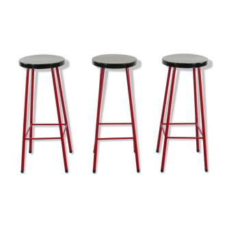 Midcentury set of 3 bar stools in red and black, 1960s-1970s