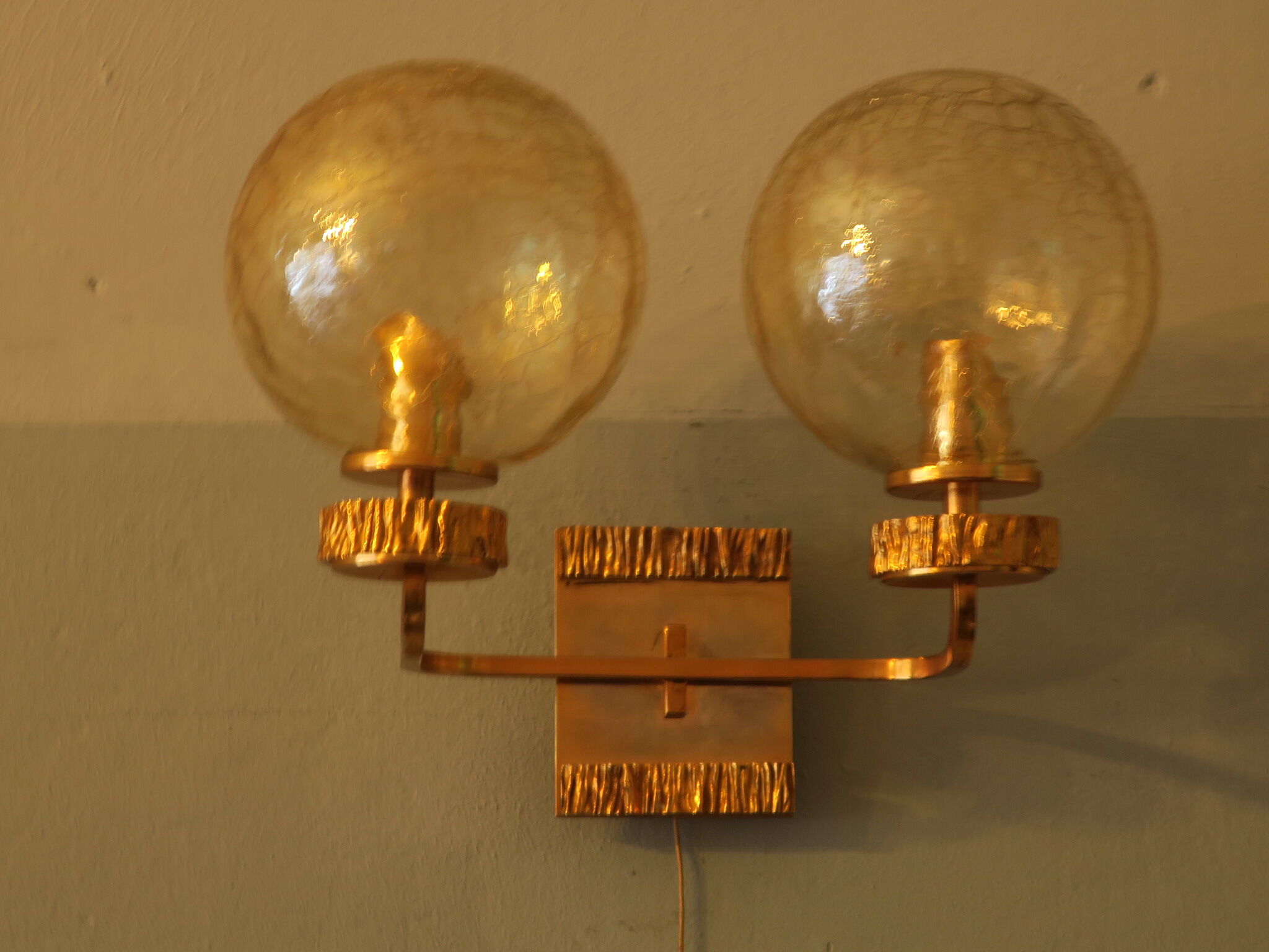 Brass and glass doiuble wall light with gold overlay, 1970