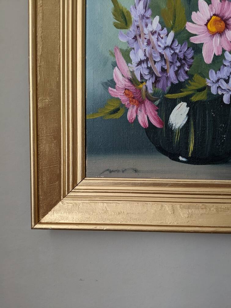 Acrylic painting on canvas, bohemian countryside decoration, flowers, still life