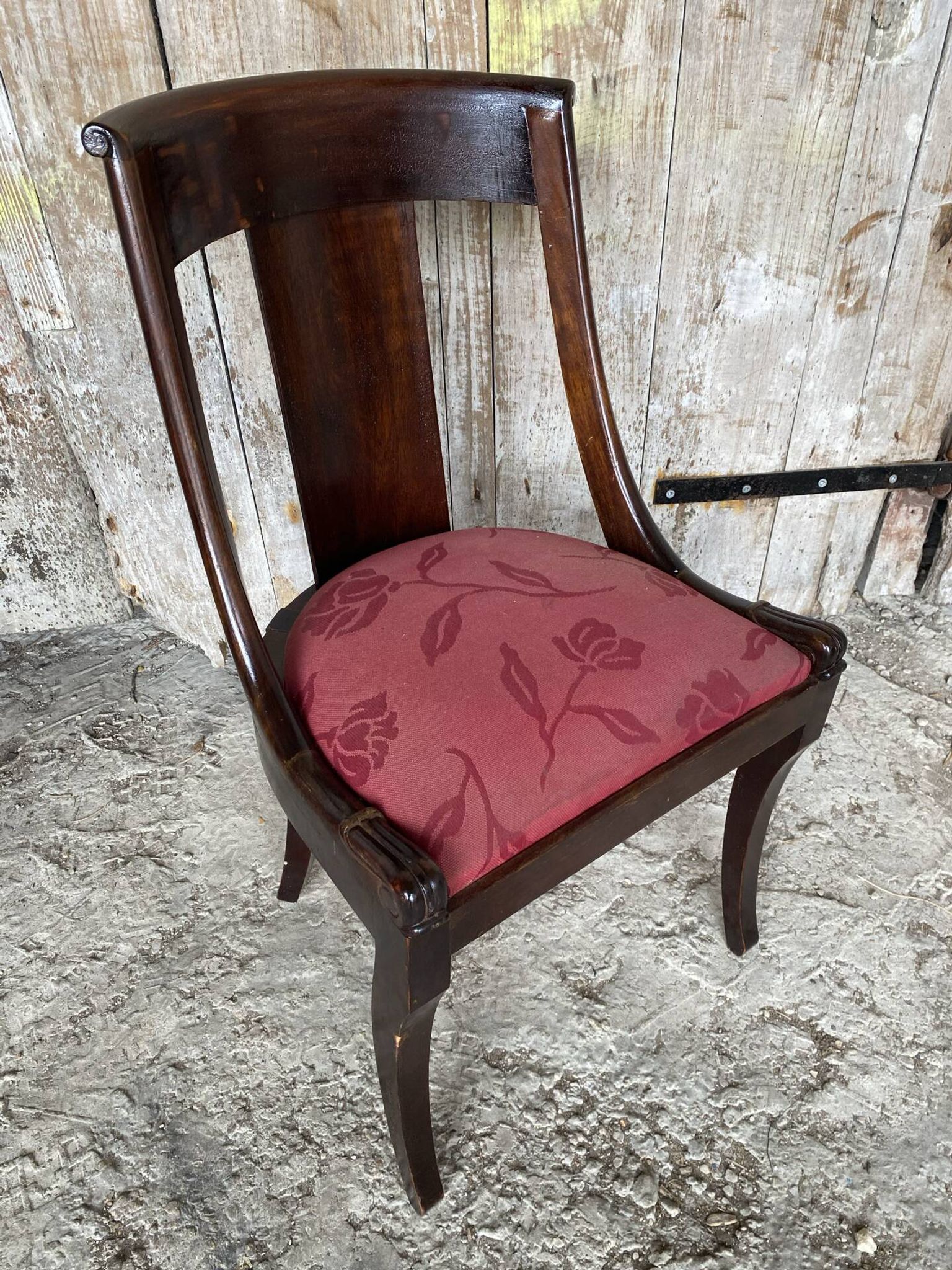 Antique Gondola Chair Empire Style Wood + Red Floral Vintage Fabric
