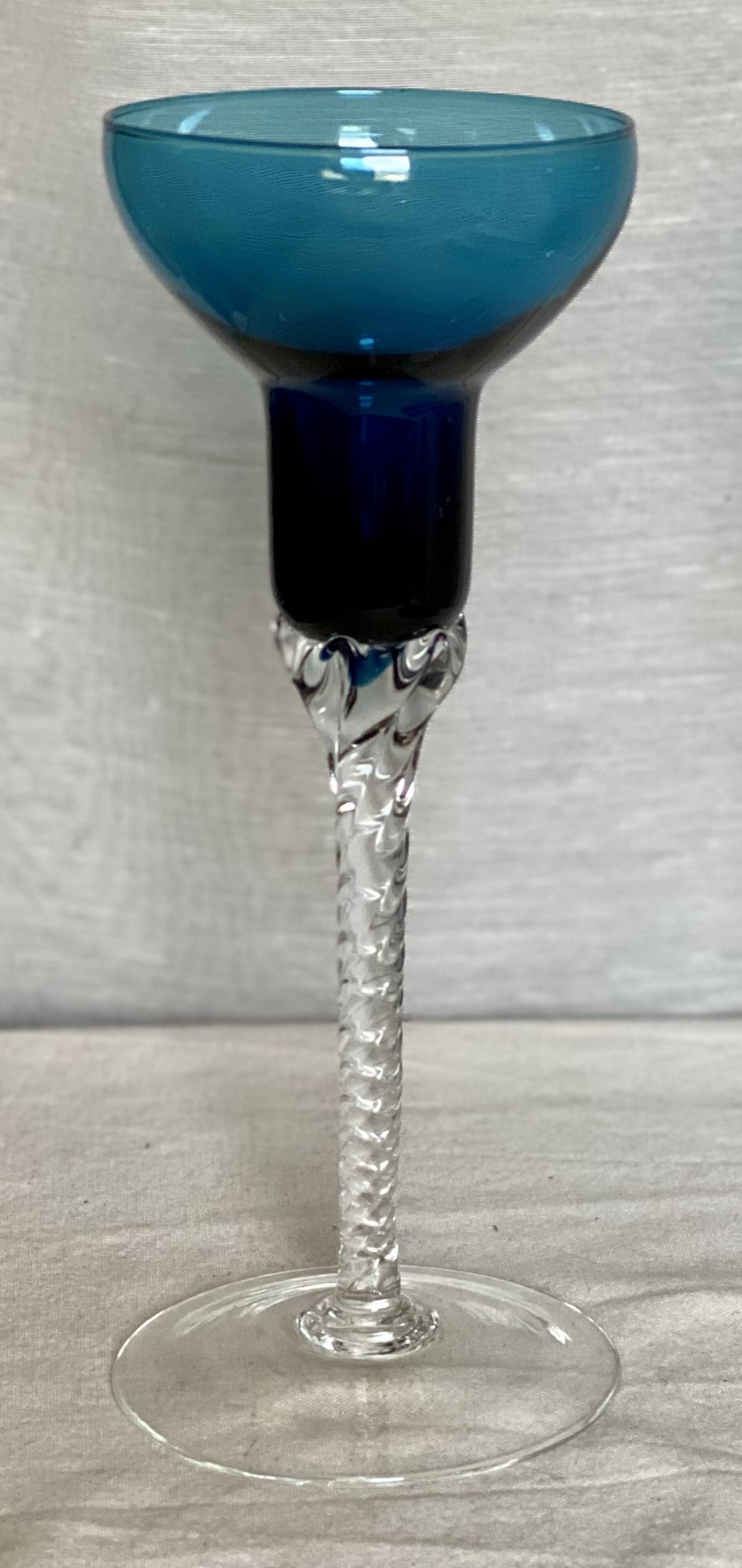Pair of Murano (or Empoli) glass candlesticks with twisted bases, vintage 1960.