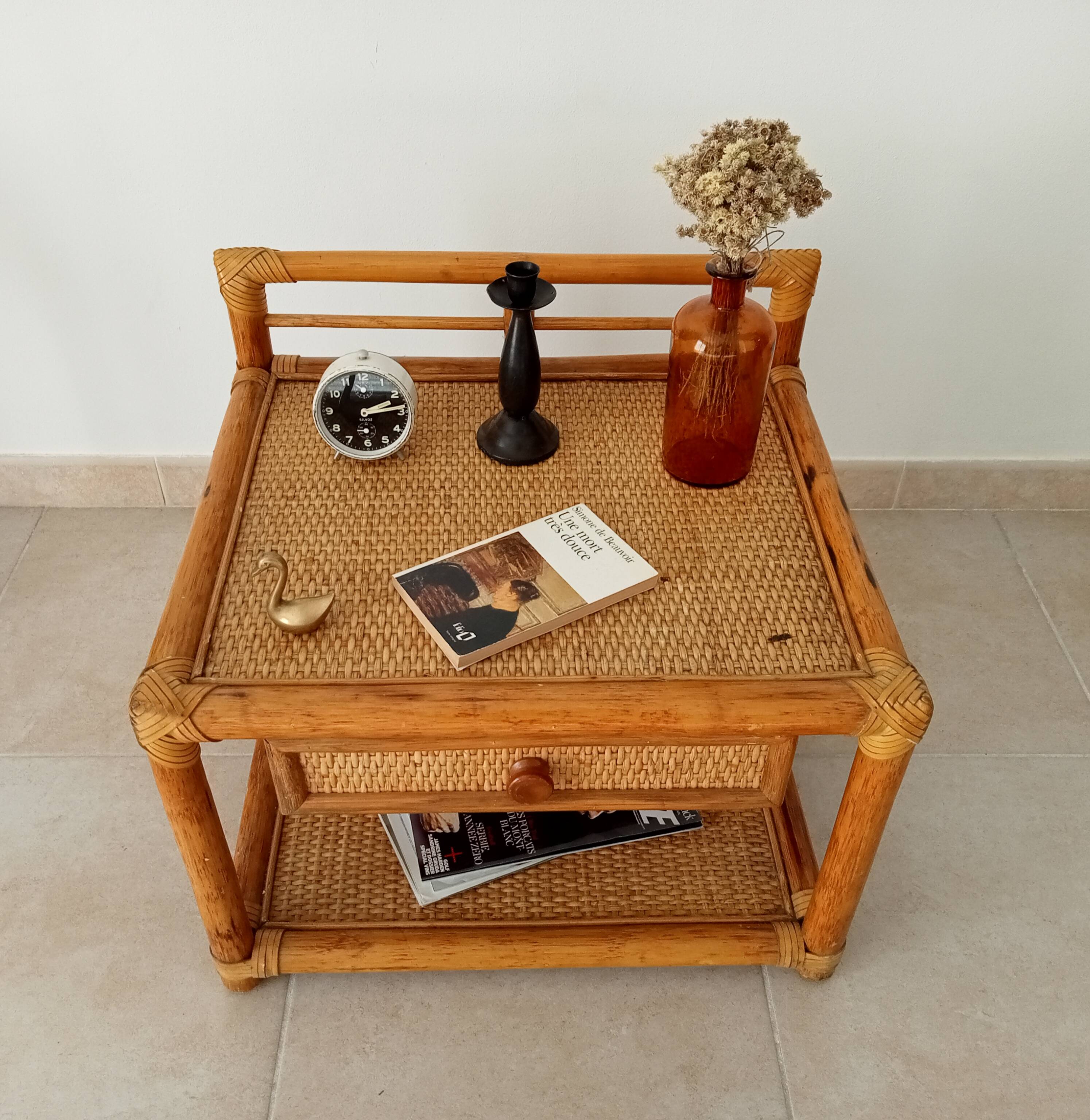 Vintage Maugrion side table in bamboo and rattan