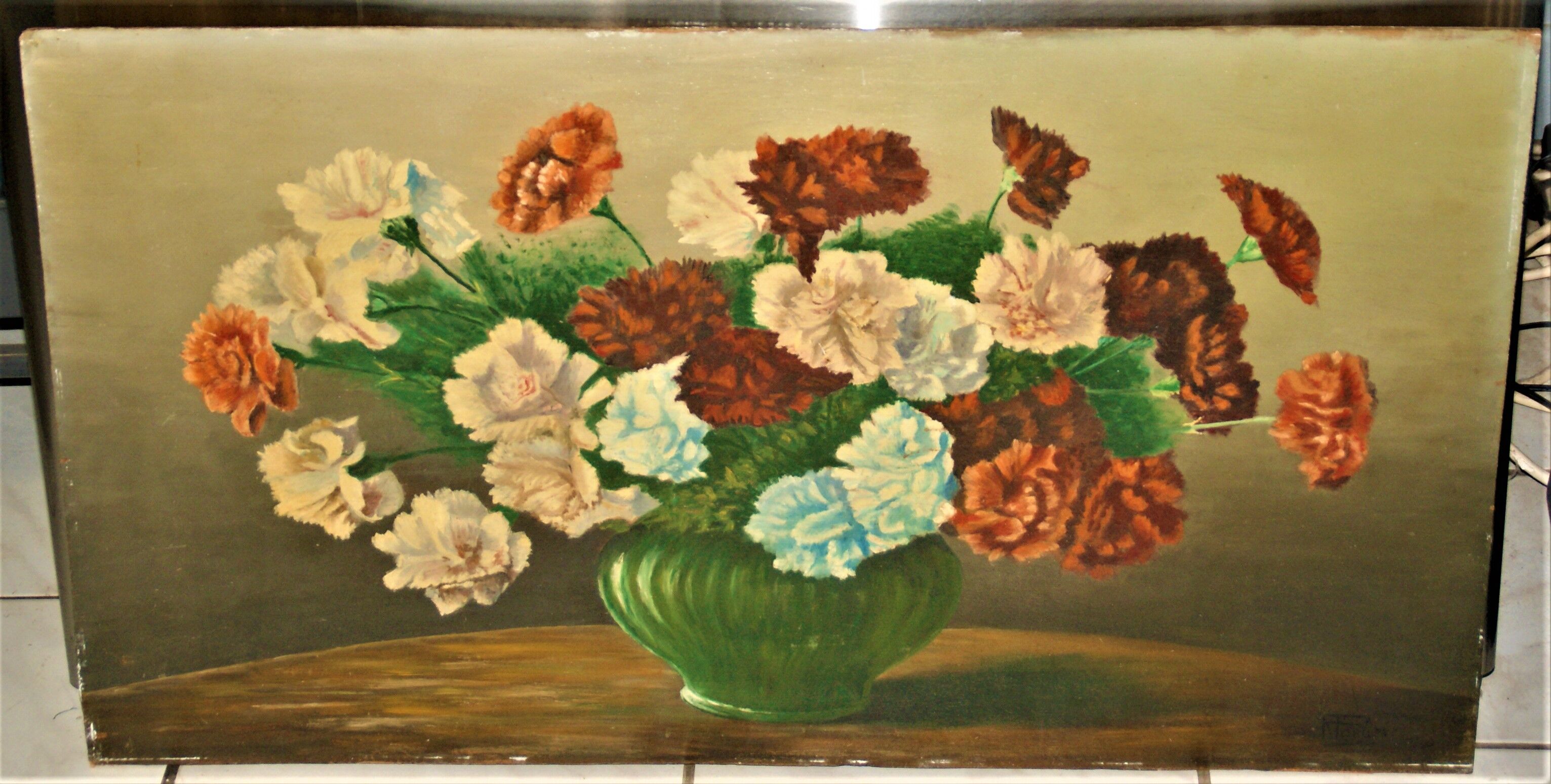 Oil on panel bouquet of carnations signed