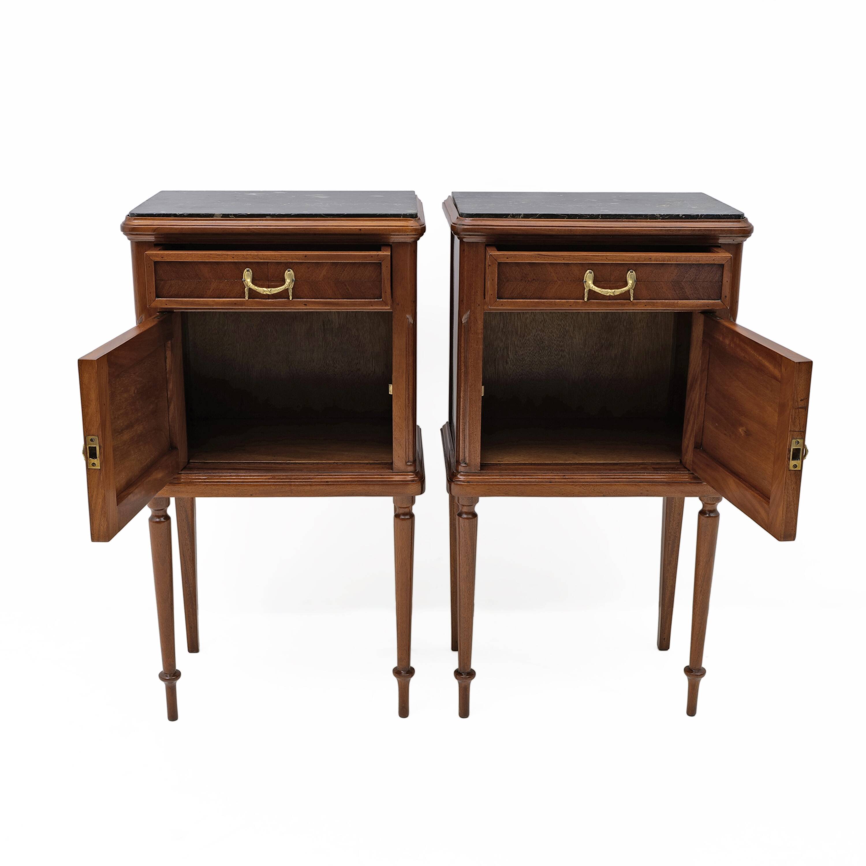 Pair of Louis XVI Style Bedside Tables with Inlays and Marble Top, Italy, 1