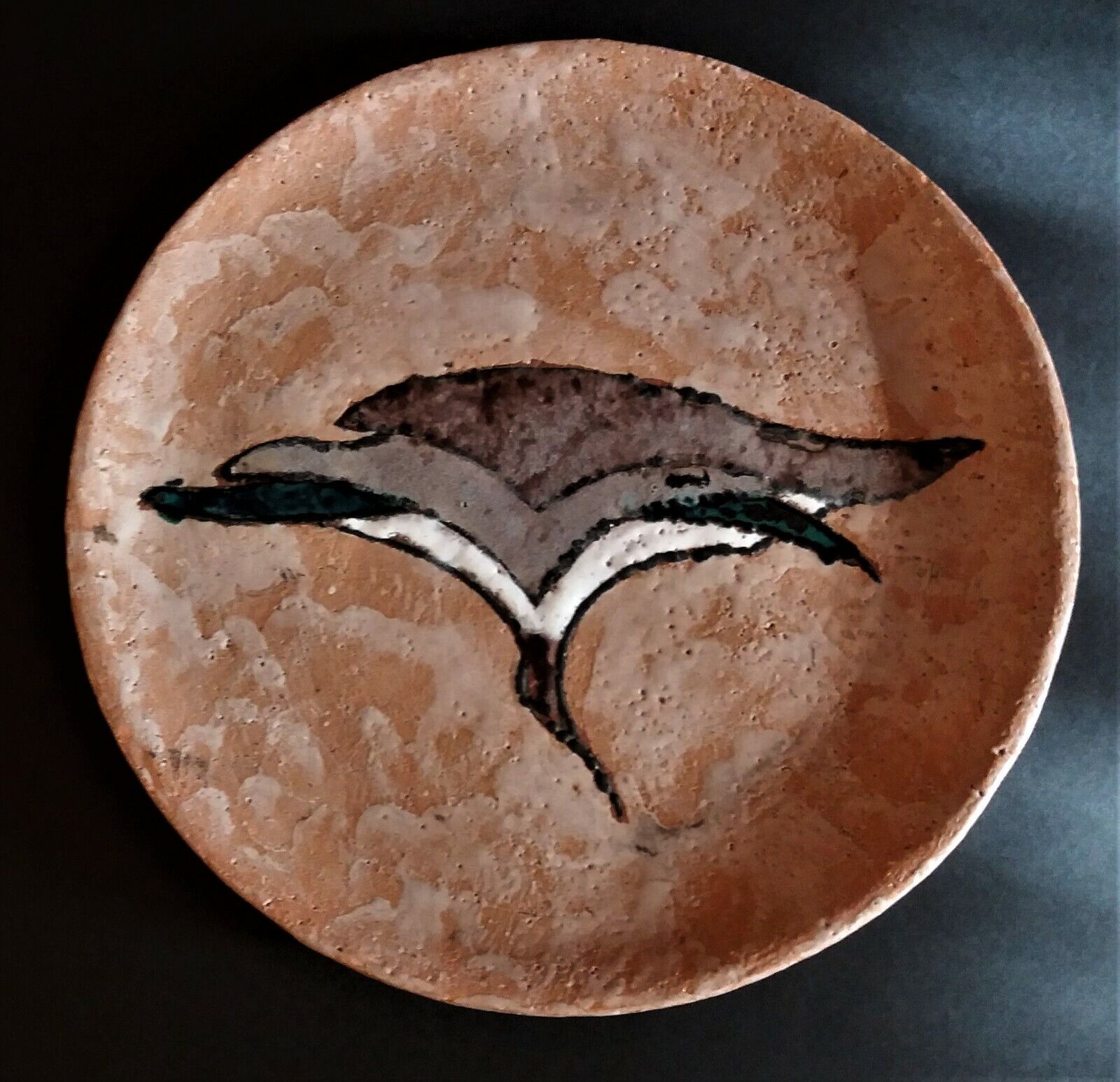 Vintage glazed terracotta ceramic plate signed Olivier