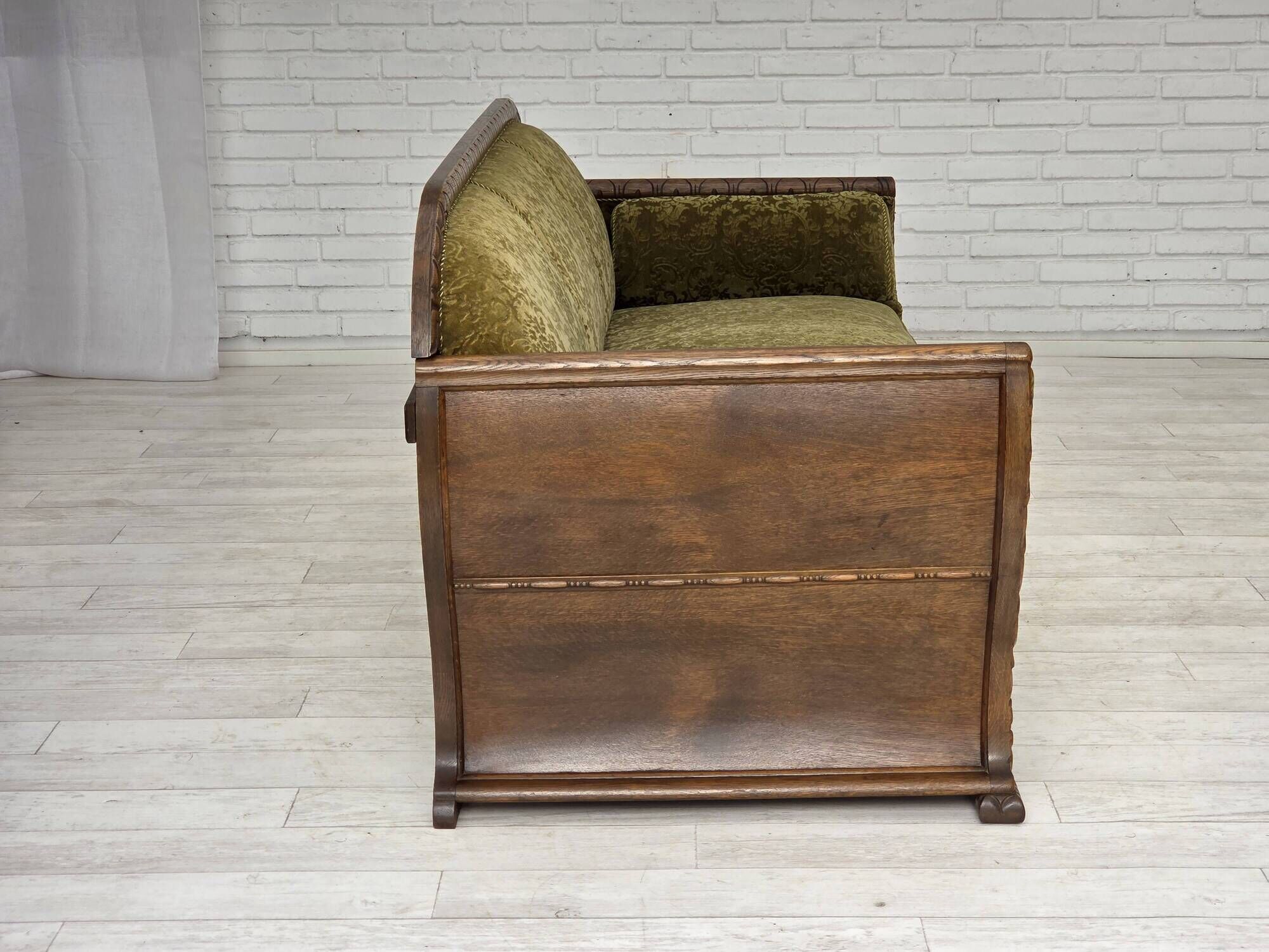 1950s, Danish 3-seater sofa, green furniture velour, oak wood.