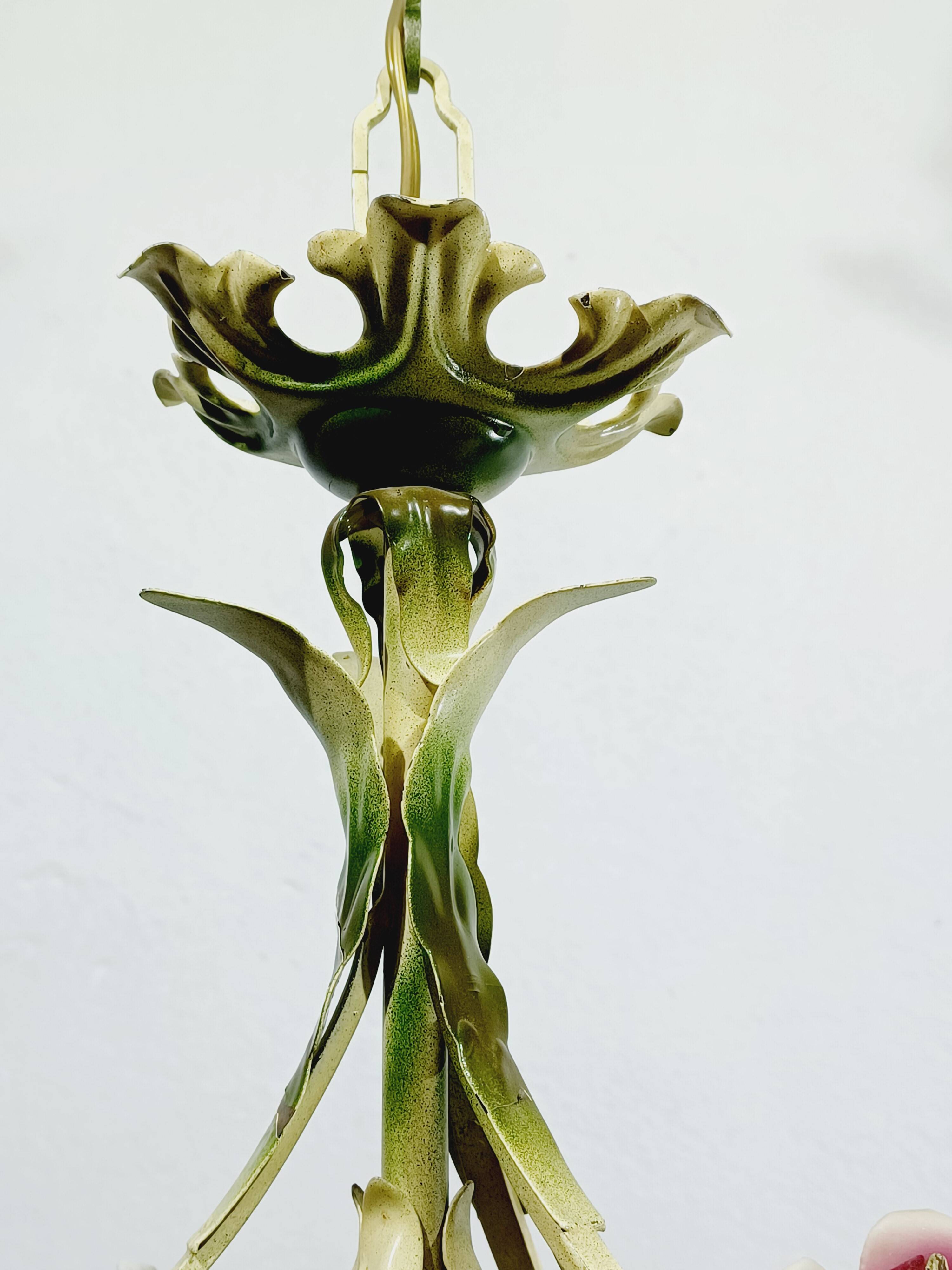 Wrought iron and porcelain chandelier