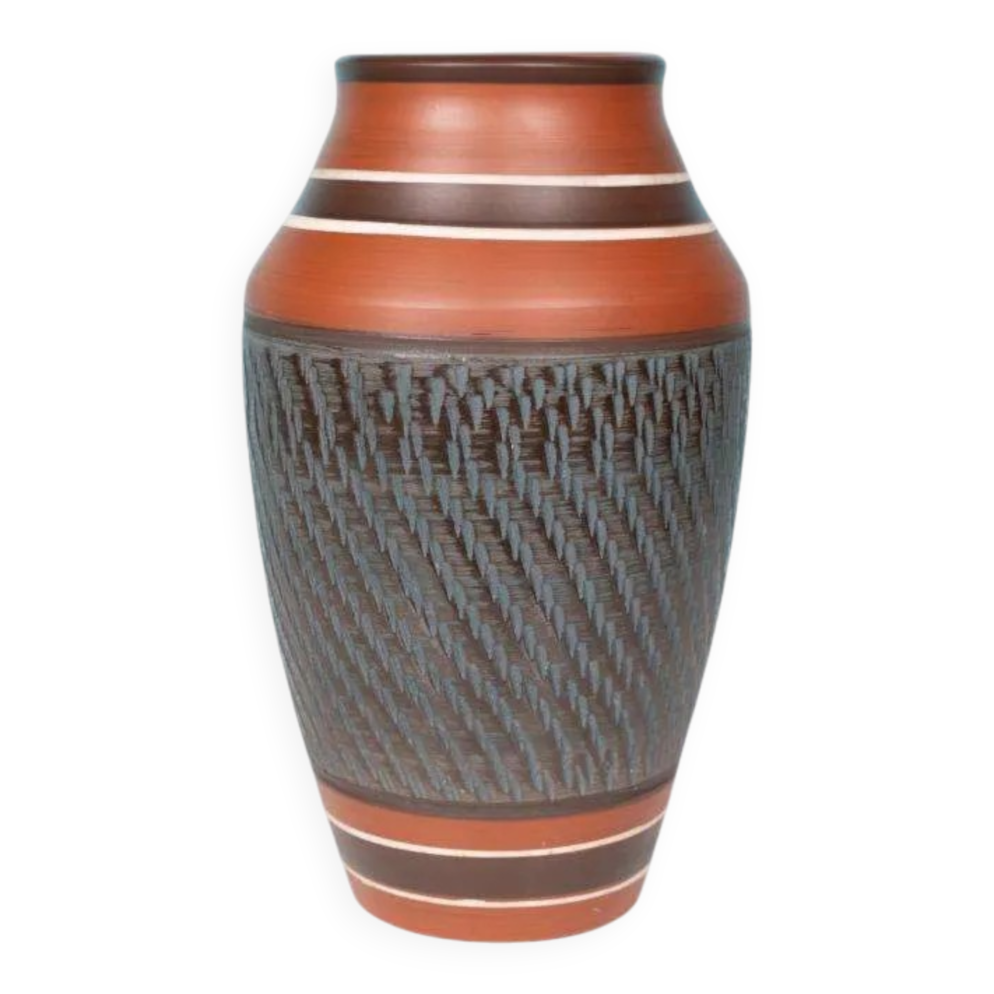 Vintage handmade ceramic vase, terracotta and oil.
