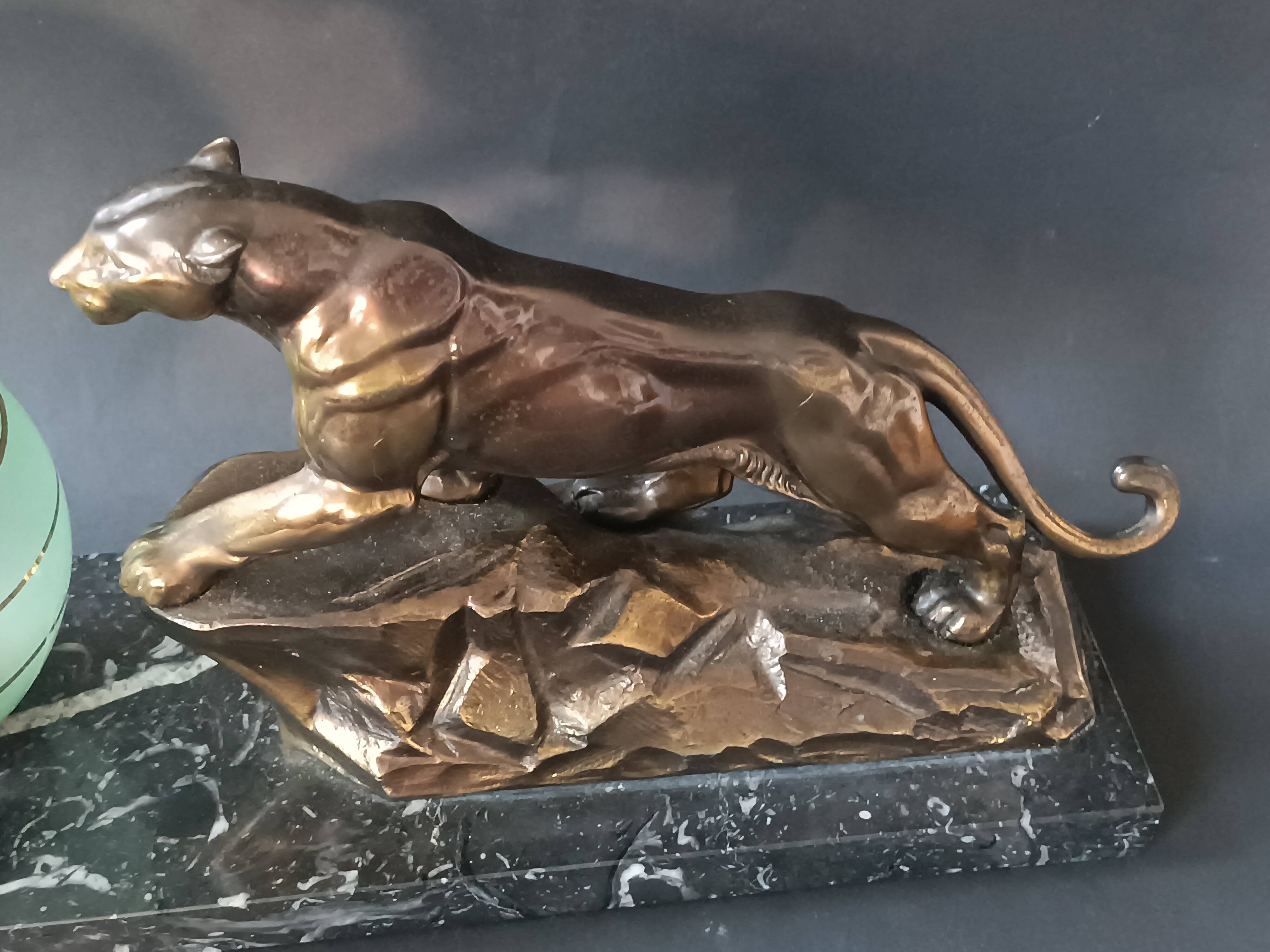 Panther desk lamp in spelter on a black and white marble base 1925