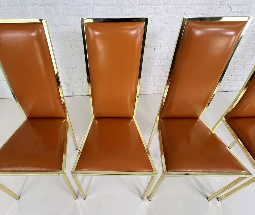 Set of 6 brass and leather chairs, Italian design from the 70s
