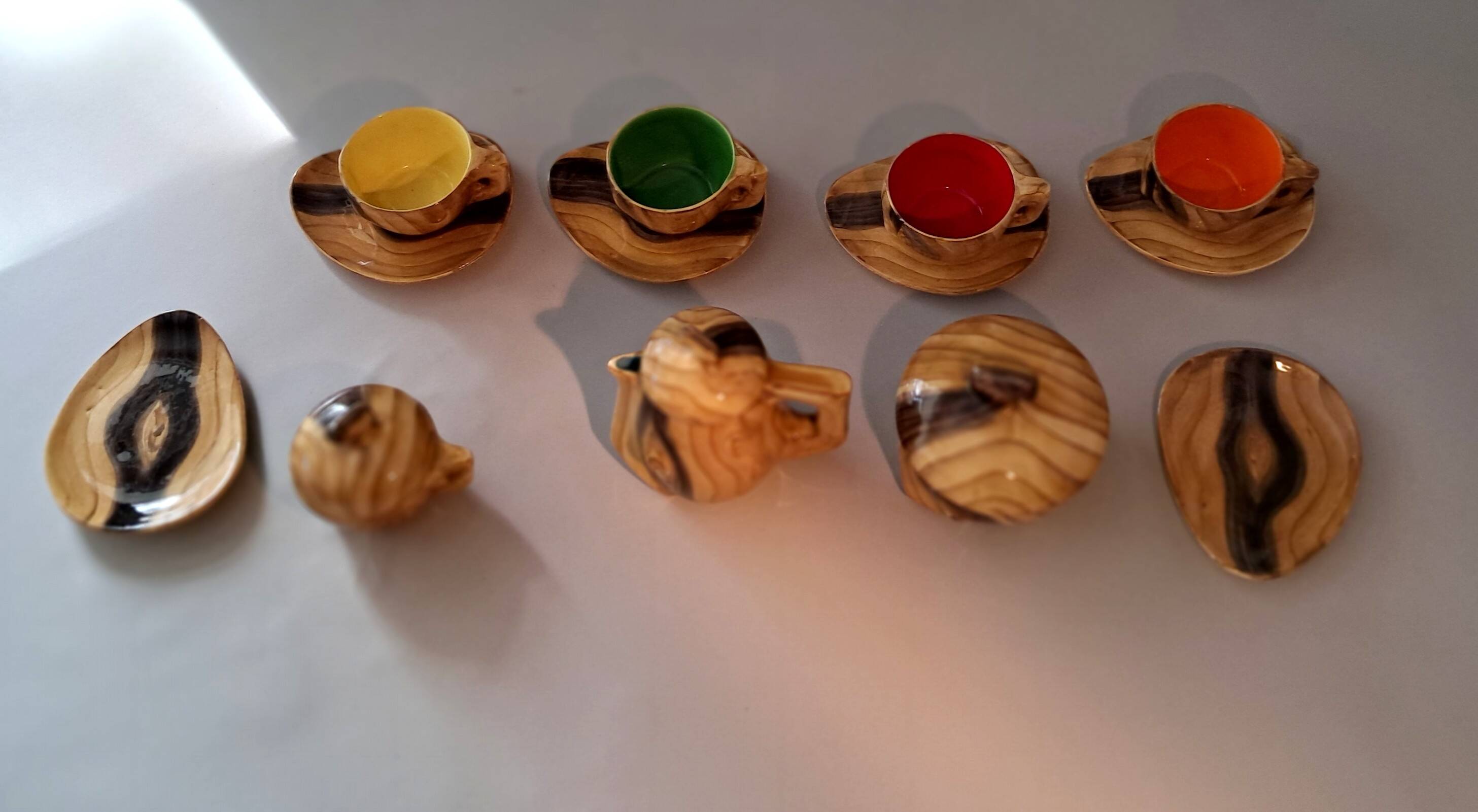 13-piece coffee service in faux wood Granjean Vallauris 1960.