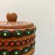Vintage small round box with lid in light wood carved in relief decorated painted