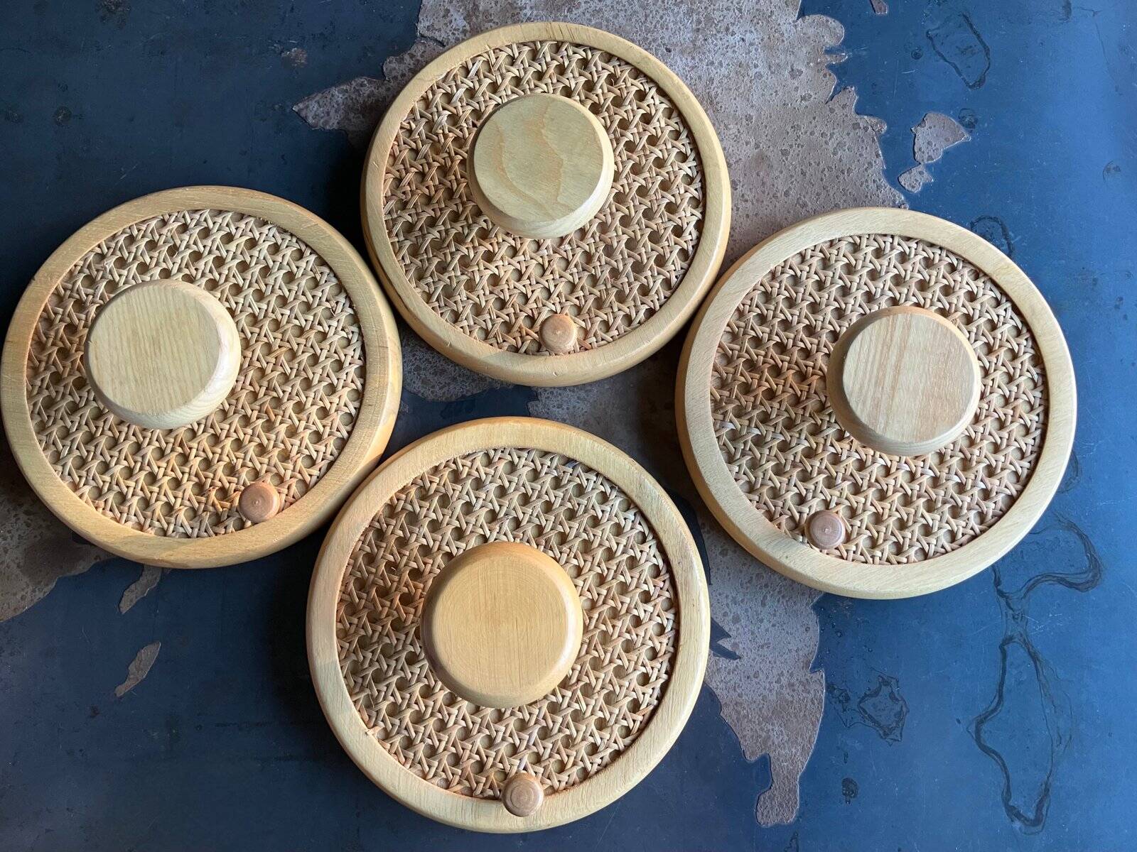 Coat Wall Hooks in Wood and Woven Cane, 1960s, Set of 2