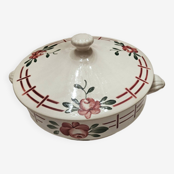 Vintage earthenware tureen decorated with red flowers