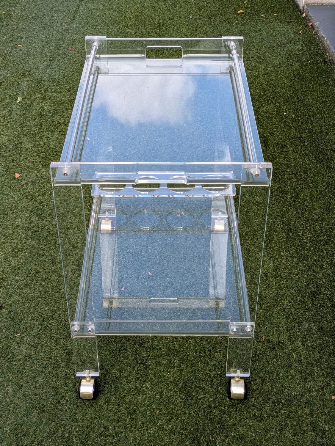 Vintage 1970s plexiglass serving trolley – integrated bottle rack