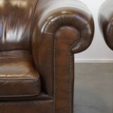 Set of 2 Large Dark Cowhide Leather Chesterfield Armchairs