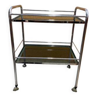 Grande desserte roulante vintage en chrome et verre fumé - 1970