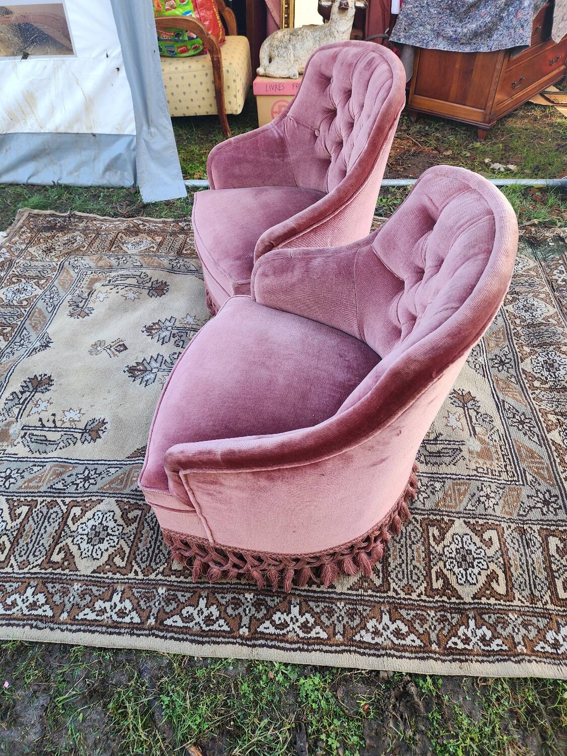 Pair of pink velvet toadstool armchairs