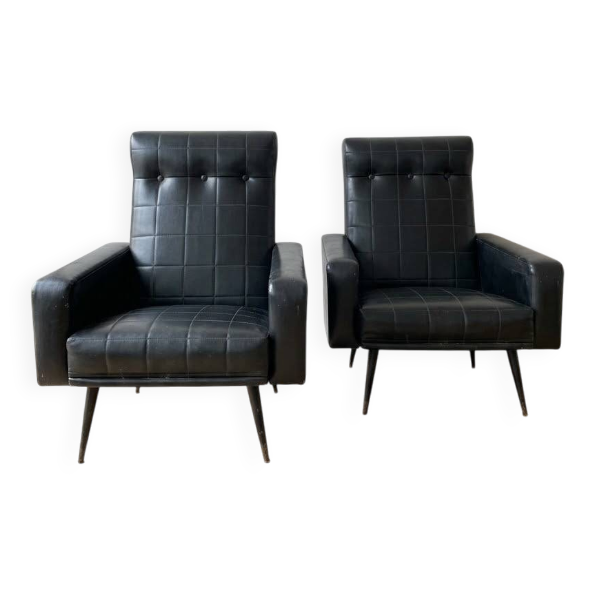 Pair of vintage 70s armchairs in black faux leather.