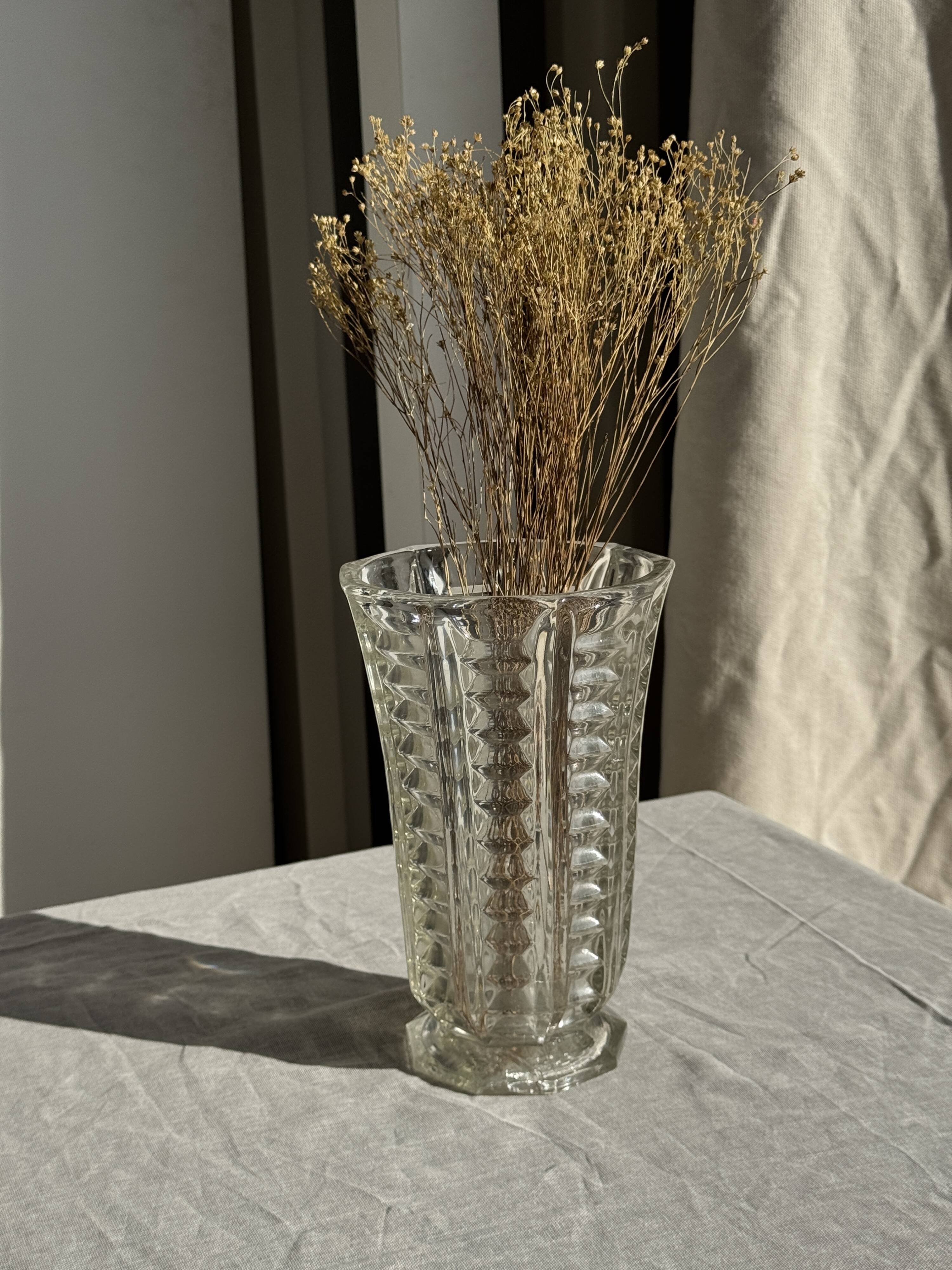 Vintage geometric moulded glass flared vase H21