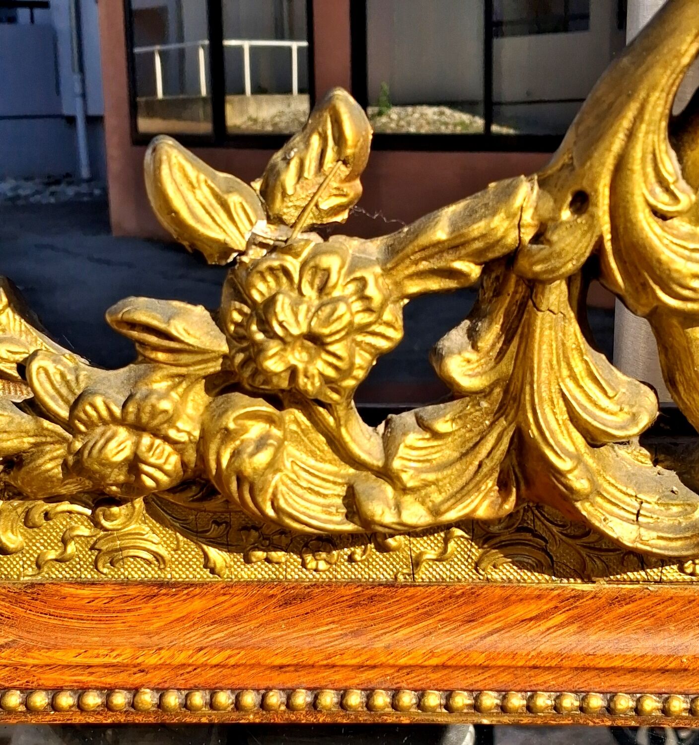 Authentic original Italian fireplace mirror, frame and pediment.