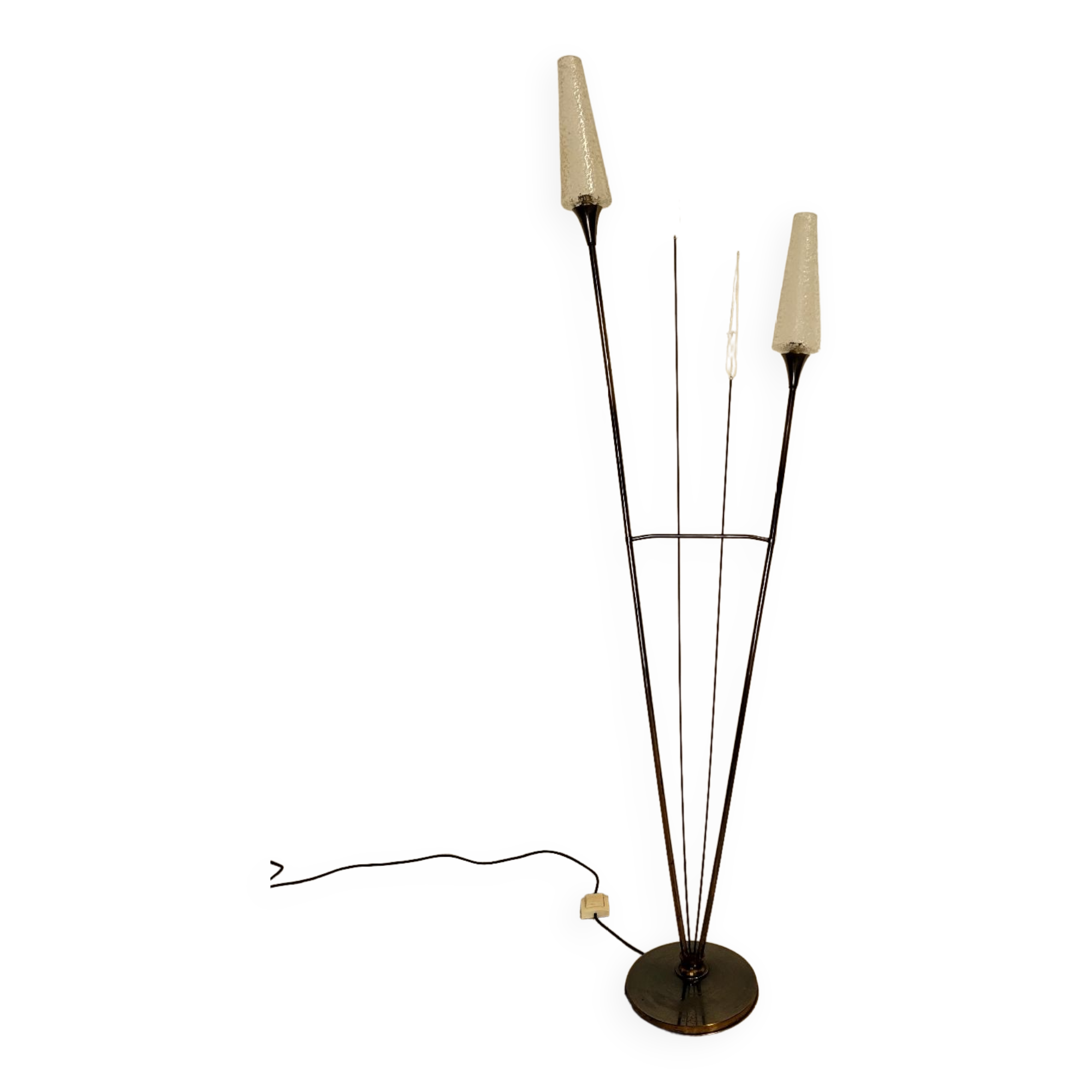 Lampadaire roseaux vintage Arlus en laiton patiné et verre années  60