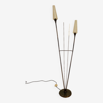 Vintage Arlus reed floor lamp in patinated brass and glass 1960s
