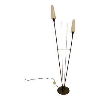 Vintage Arlus reed floor lamp in patinated brass and glass 1960s