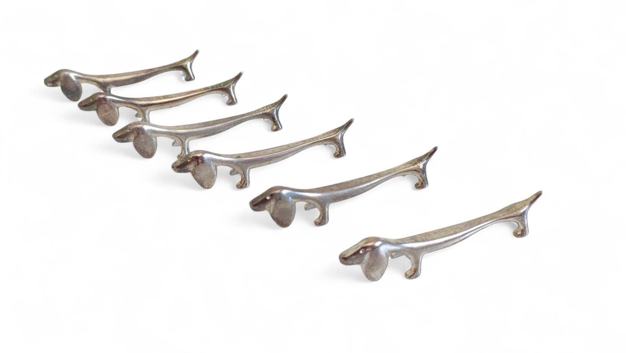 Vintage Knife Rests, Set of Six Silver Plated Dachshund Dogs, Italy, 20th-C