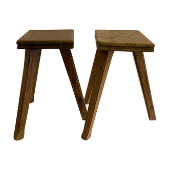 Pair of wooden stools rectangualaires, tripods and handicrafts