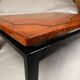 Vintage black lacquered coffee table with elm burl wood top and marquetry