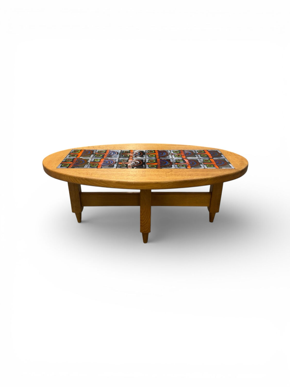 Oval coffee table in oak and ceramic by Guillerme & Chambron for