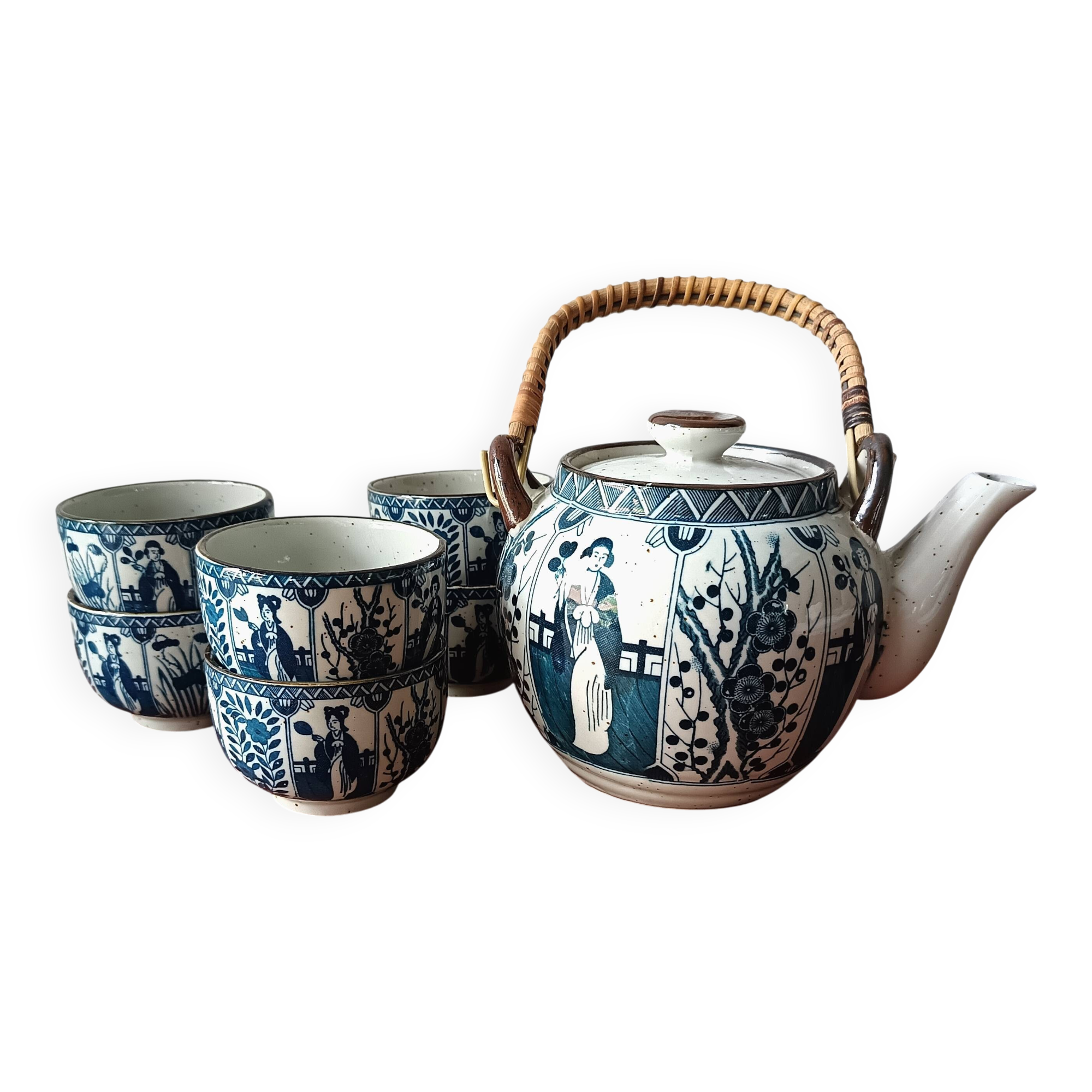 Asian ceramic and rattan tea set with plant geisha motifs