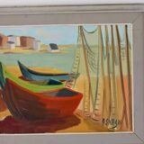 Original Swedish Mid-Century Oil on Panel “Boats and Fishing Nets ” by ALF (Affe) SKAGH (1916-1962)