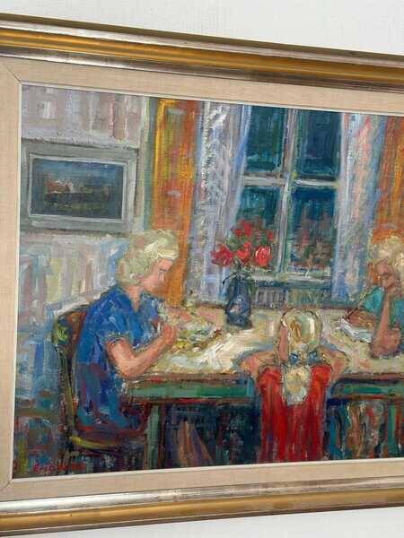 Original mid-century Swedish oil on canvas – “Family” by Eric With – vintage & framed – 75 × 91 cm (29.5" × 35.8")
