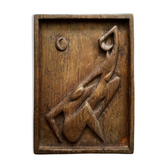 Carved wall plaque in solid oak, Czechoslovakia 1950