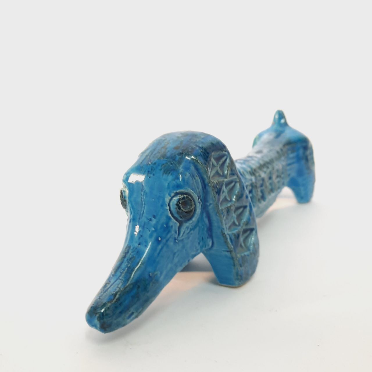 Dachshund dog statue, vintage, by Aldo Londi for Bitossi, Rimini blue series.