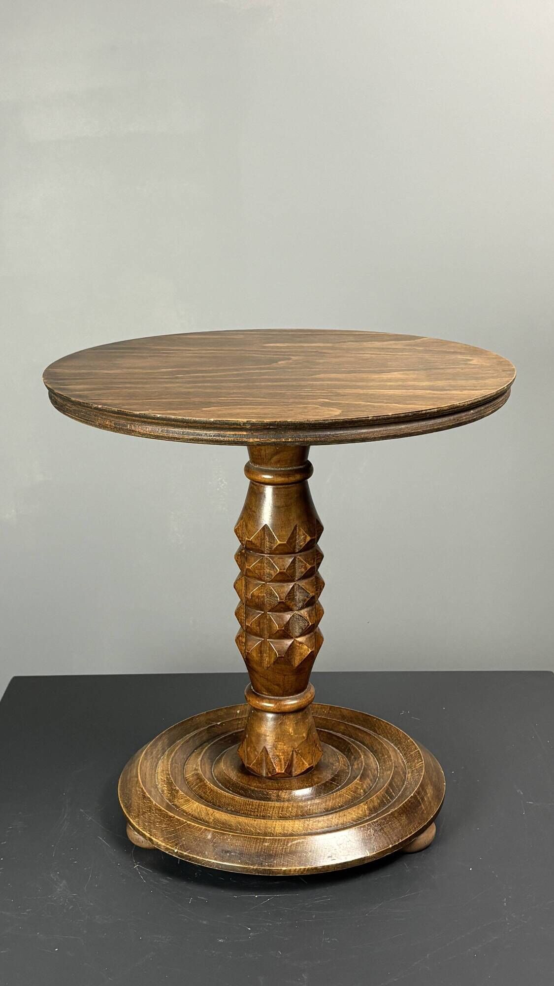 Low wood turned midcentury brutalist side table, Charles Dudouyt style
