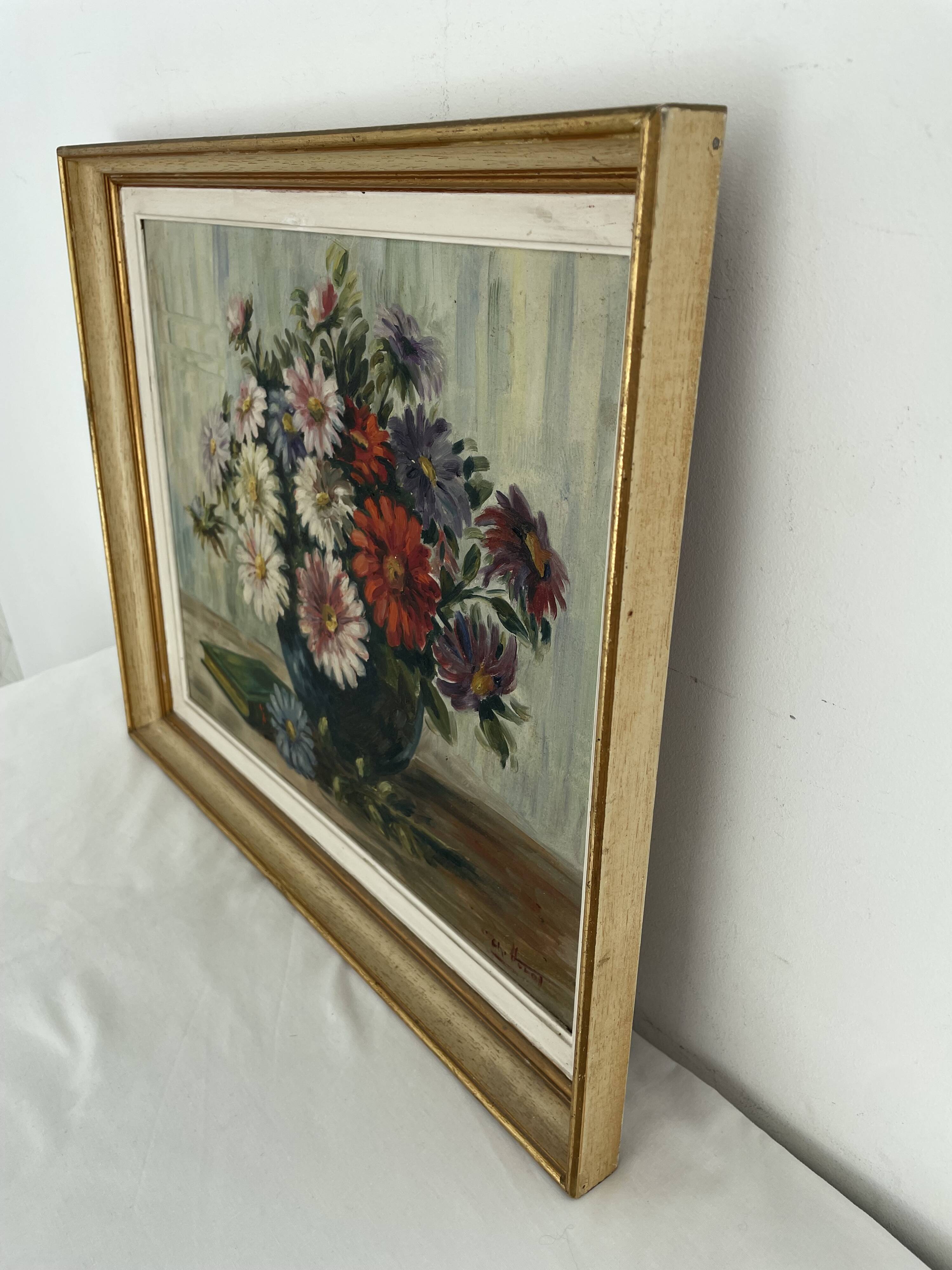 Vintage, oil painting, still life with bouquet of flowers, book, 20th century, signed