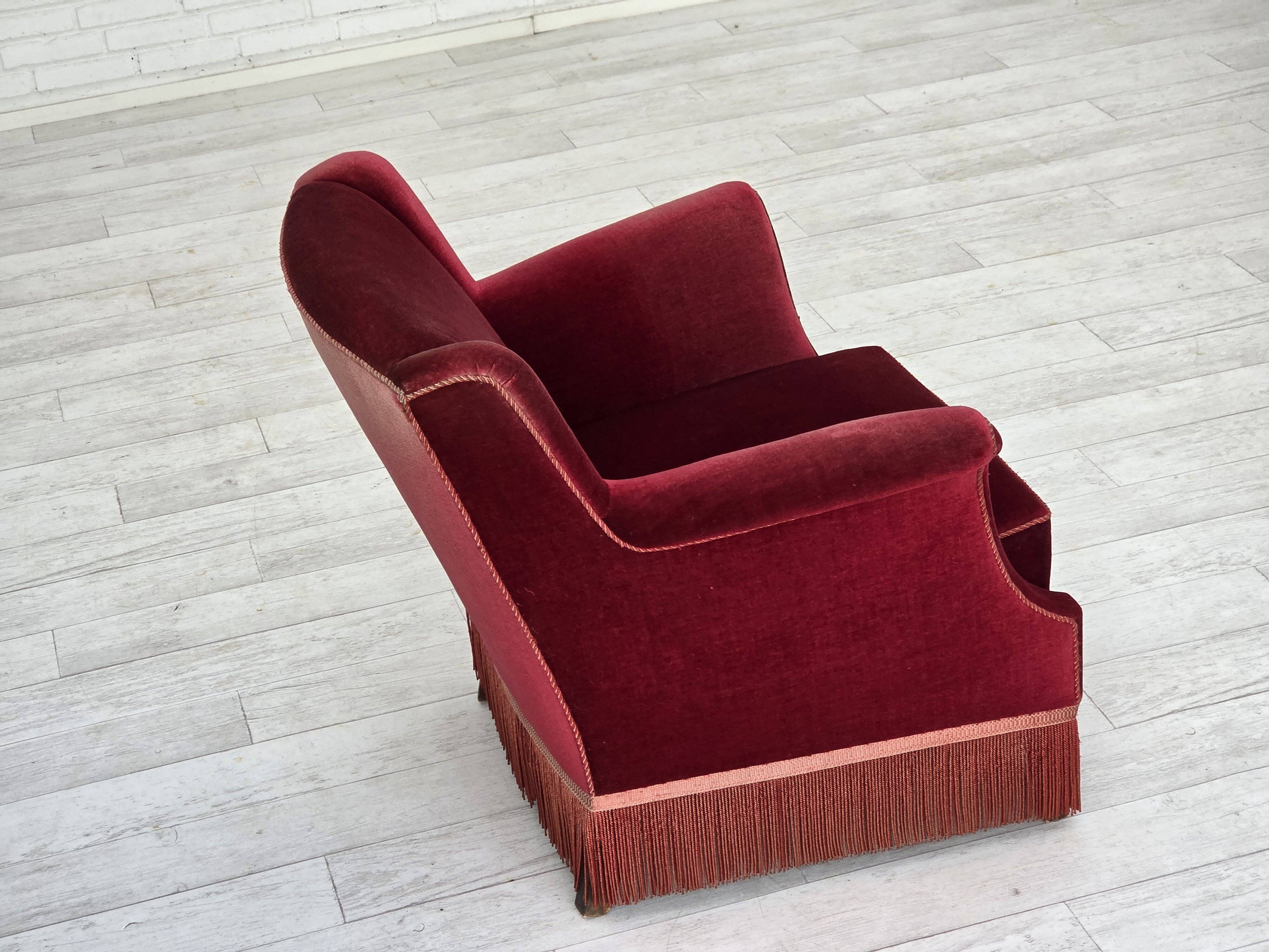 1960s, Danish armchair, cherry-red furniture velour, ash wood, original.