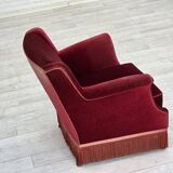 1960s, Danish armchair, cherry-red furniture velour, ash wood, original.