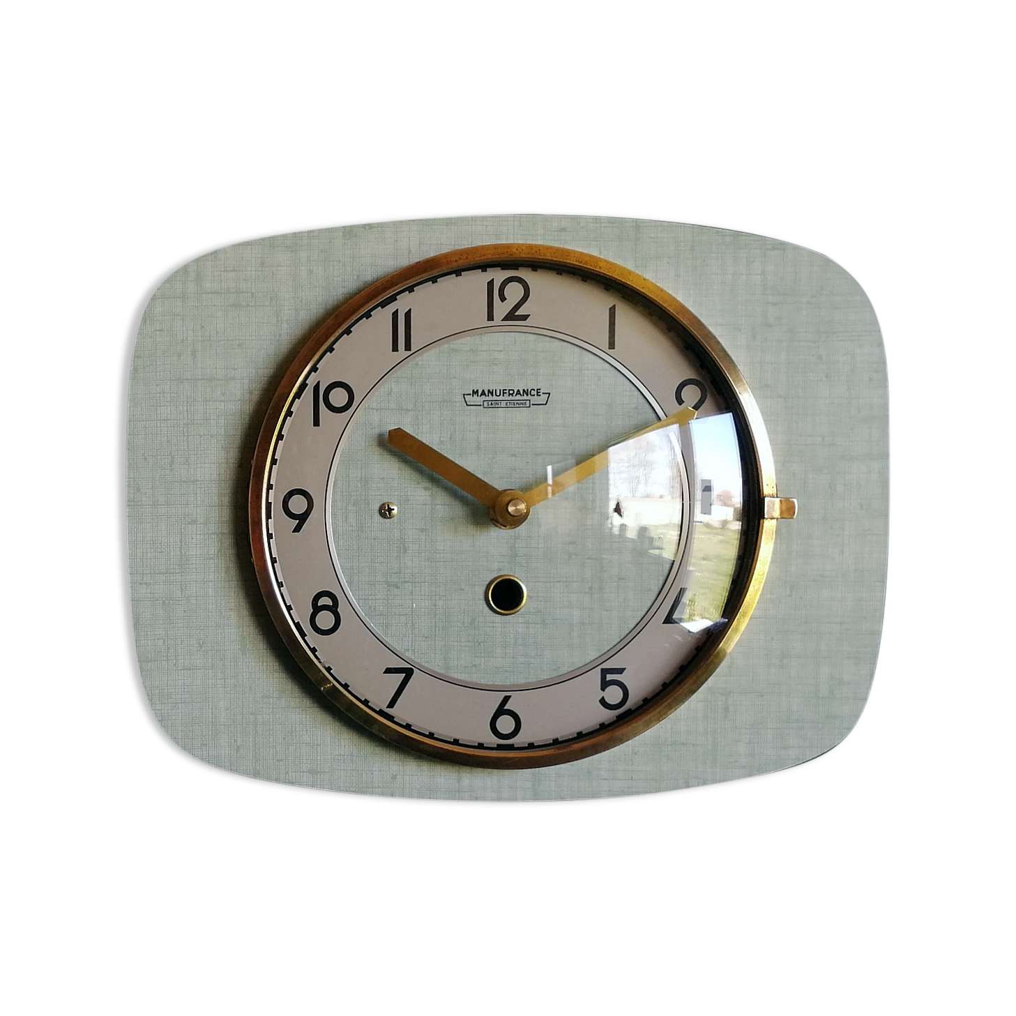 Vintage formica clock silent rectangular wall clock "Manufrance green"