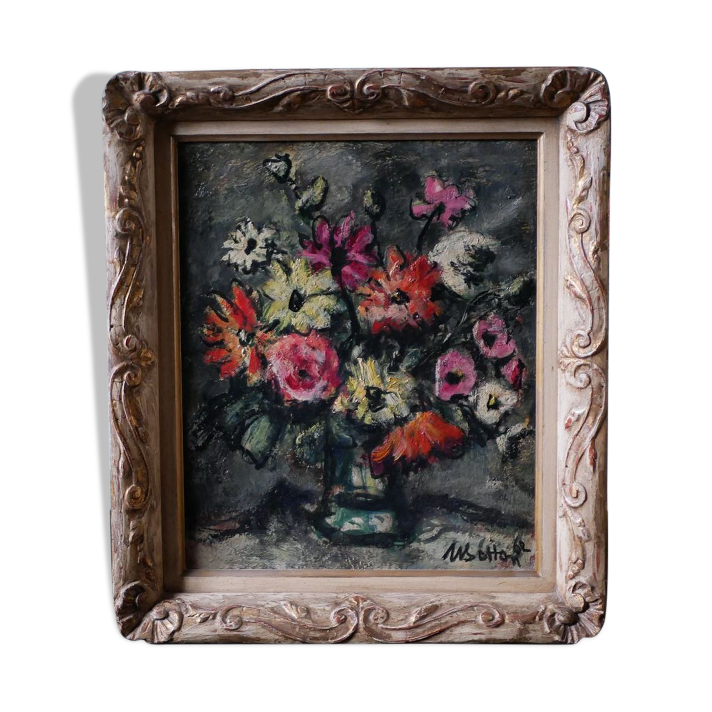 Old oil on canvas, bouquet of flowers, Montmartre style frame