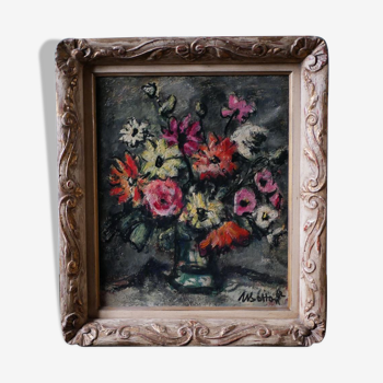 Ancienne huile sur toile, bouquet de fleurs, encadrement de style montmartre