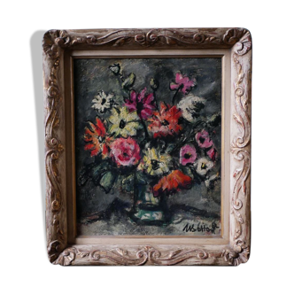 Old oil on canvas, bouquet of flowers, montmartre style framing