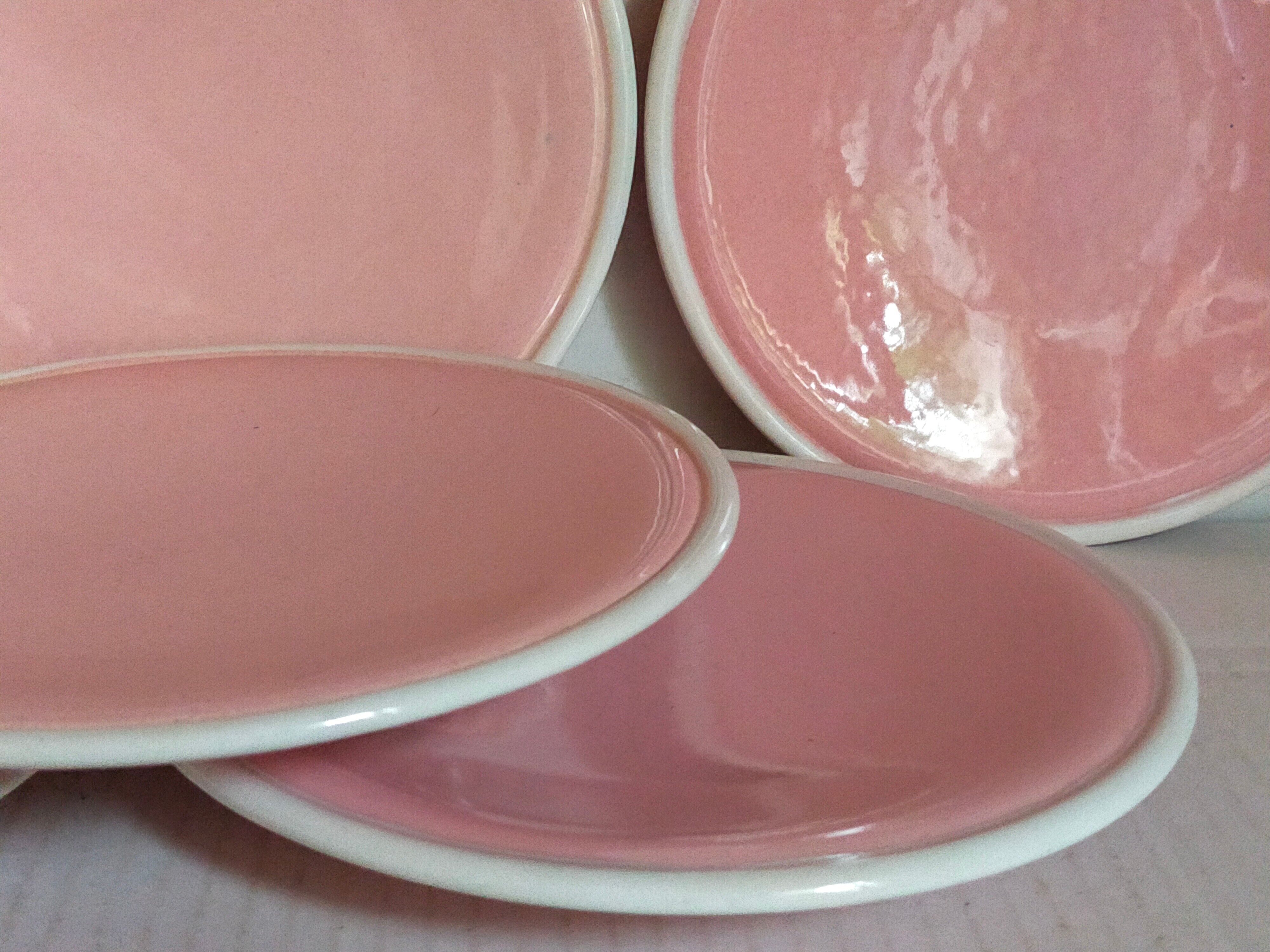 Six old pink earthenware dessert plates