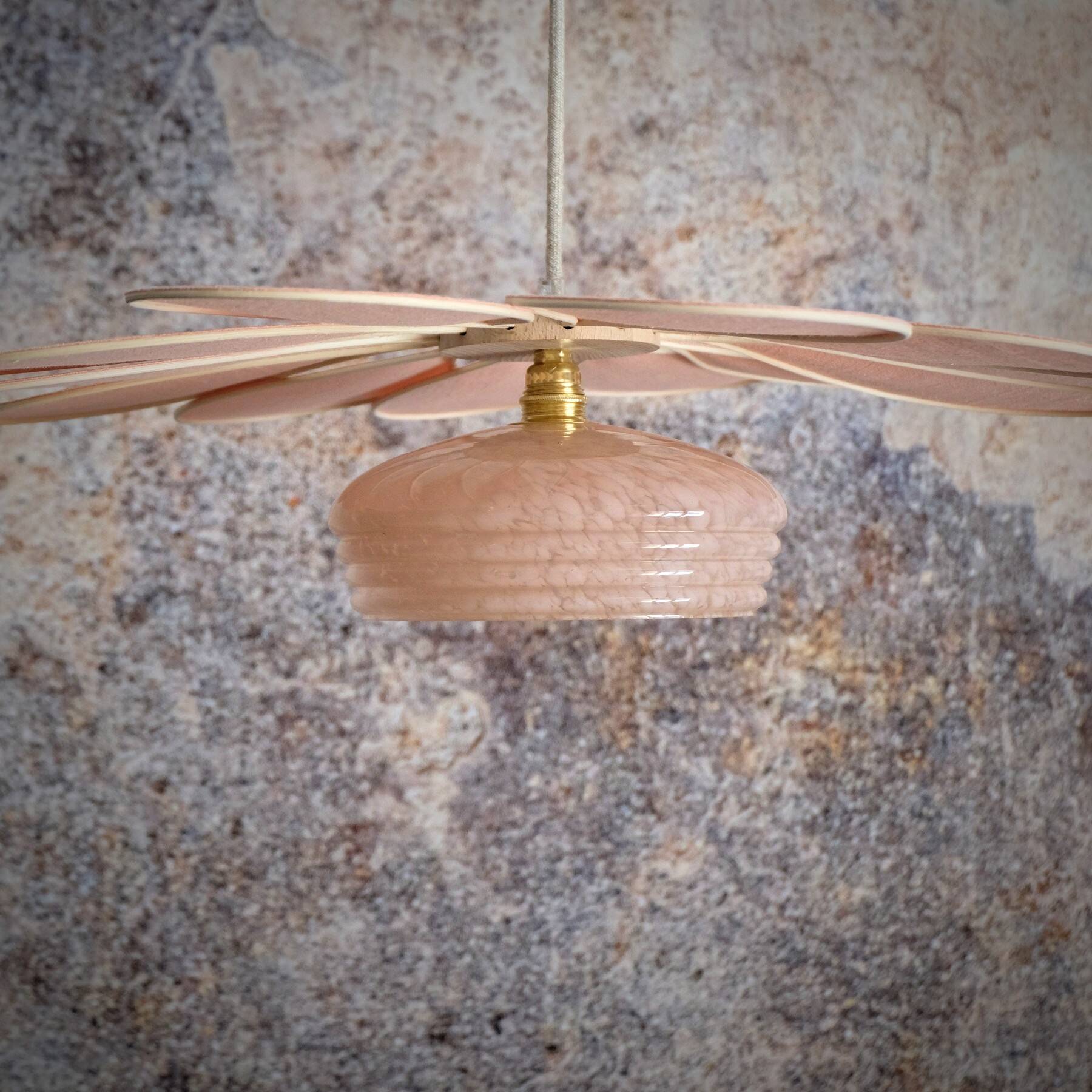 Rattan and Pink Linen Flower Pendant Light and Vintage Clichy Glass Globe