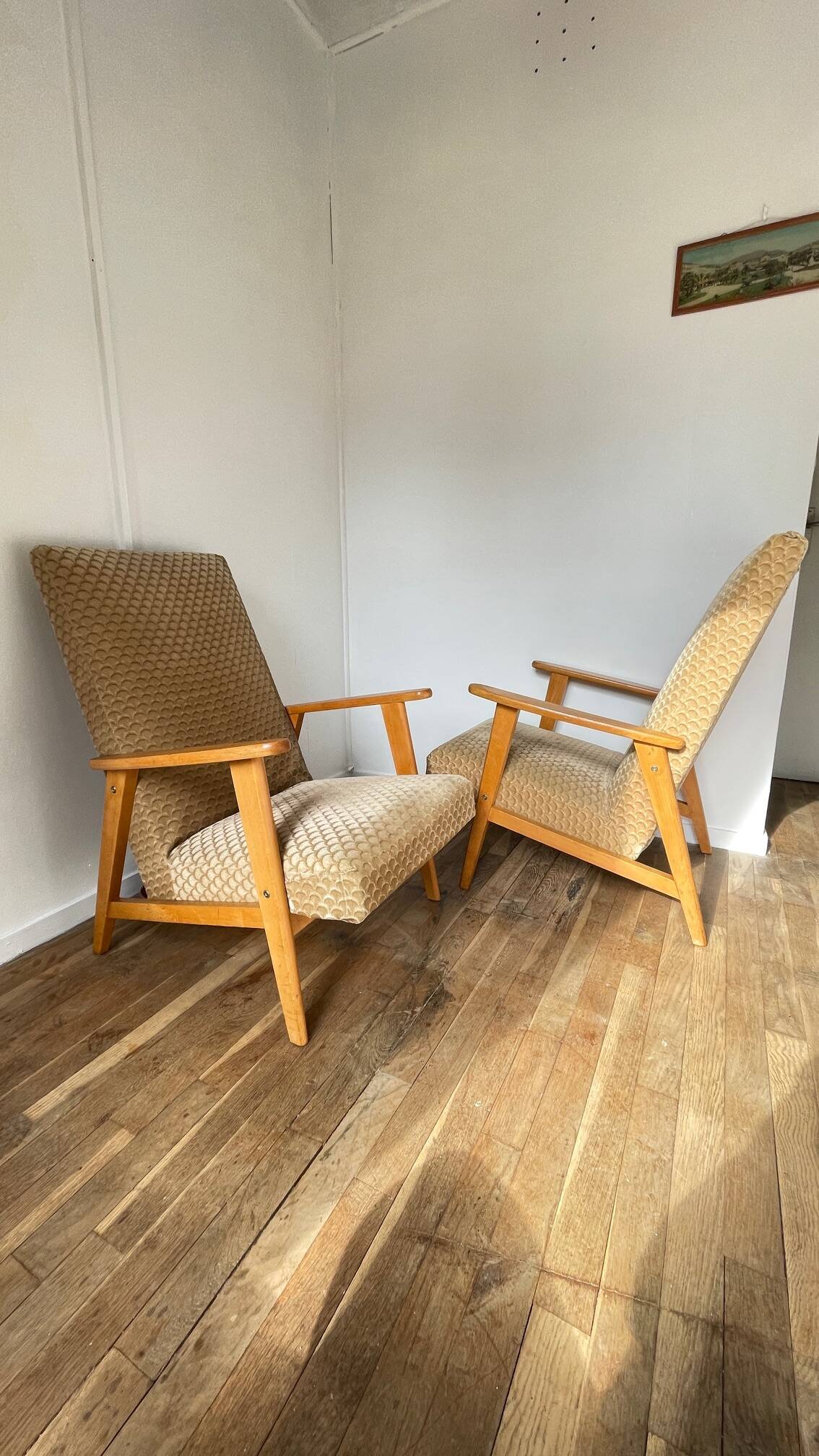 Pair of Manucere armchairs with vintage compass legs