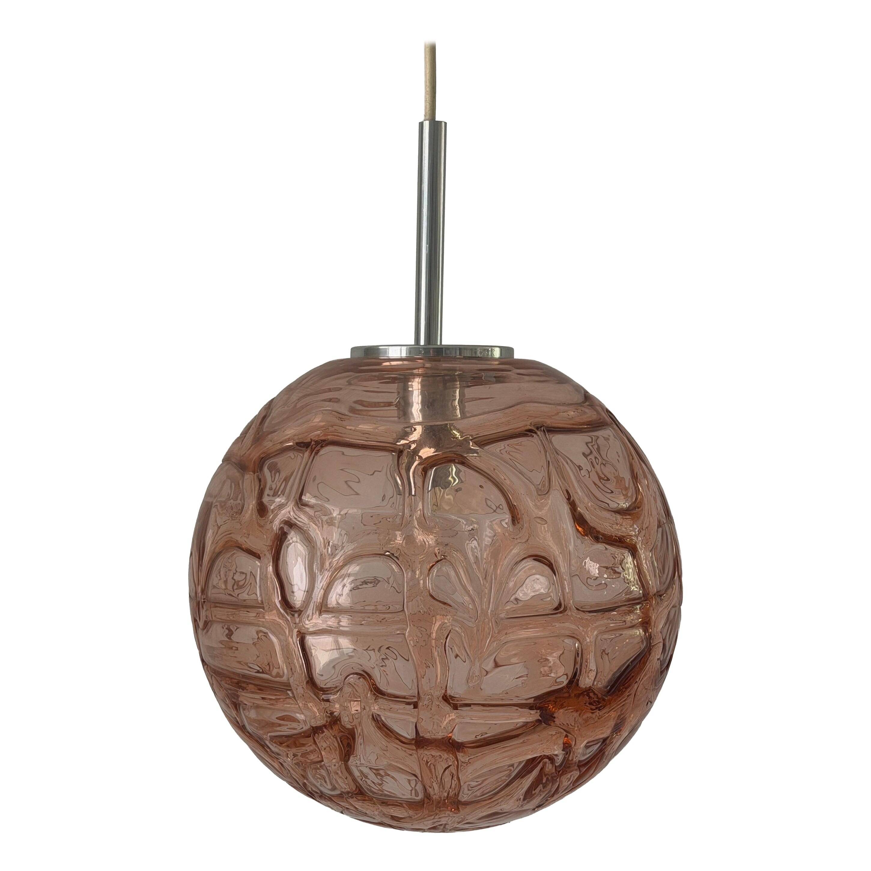 Pink pendant lamp made of hand-blown glass by Doria Leuchten, 1960s Germany.